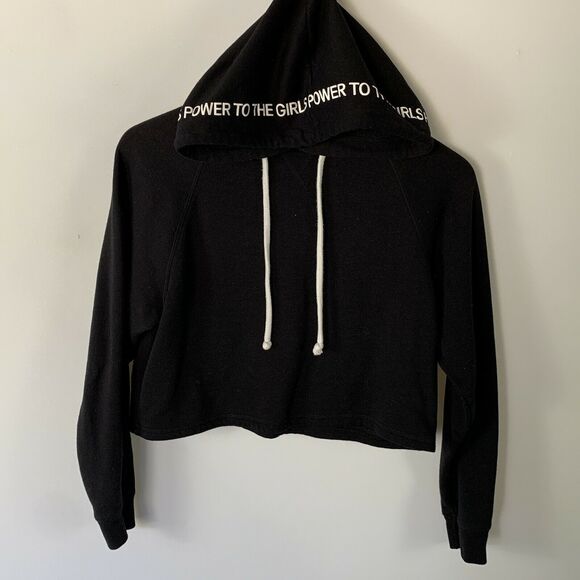 DIVIDED H&M "Power To The Girls" Black Crop Hoodie Pullover Sweater Size Small - Picture 2 of 10